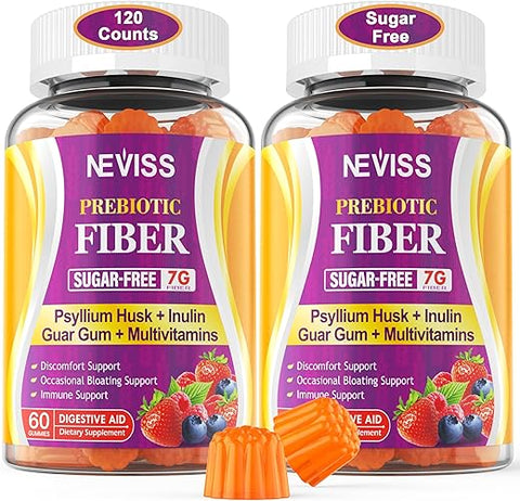 NEVISS - Suplemento Gomas de Fibra Prebiótica 7G para Adultos Psyllium Husk, Sem Açúcar, Solúvel e Insolúvel 2000mg Mistura de Fibra Prebiótica, Inulina, Fos, Multivitamínico para Digestão Diária