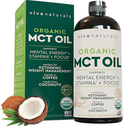 Óleo MCT Orgânico para Café Keto (946 ml) – Melhor Suplemento de Óleo MCT para Energia e Clareza Mental, Certificado Orgânico USDA, Não-OGM e Paleo Certificado - Viva Naturals