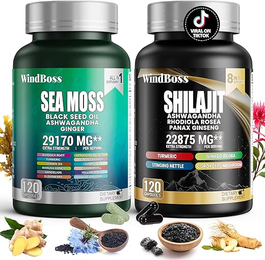 Pacote Sea Moss e Shilajit – 120 Unidades – Seamoss 7000mg, Óleo de Semente Preta 4000mg, Ashwagandha 2000mg, Gengibre – 100% Natural e Potente - WindBoss