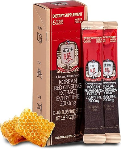 Extrato de Ginseng Vermelho Coreano 2000mg | Suplemento de Panax Ginseng | Bebida de Ginseng Vermelho, Comida Coreana | Aumenta Energia, Imunidade | 10 Unidades - CheongKwanJang