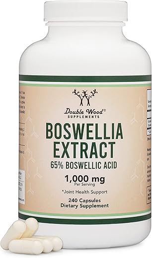 Double Wood Supplements - Boswellia Serrata – 240 Cápsulas (Máxima Potência 1.000mg de Extrato de Ácido Boswélico 65%) Cápsulas de Extrato de Boswellia (Suplemento de Suporte Articular para a Saúde das Articulações) Testado por Terceiros