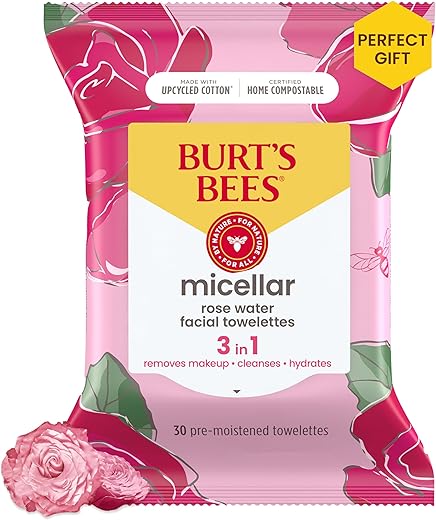 Burt's Bees - Burt’s Bees Lenços de Limpeza Facial com Água de Rosas, para Todos os Tipos de Pele, Removedor de Maquiagem Micelar Hidratante – 100g