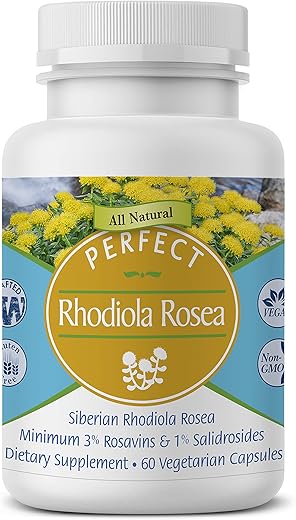 Perfect Supplements - Rhodiola Rosea Perfeita para Melhor Foco, Energia e Alívio do Estresse – 3%% Rosavinas Ótimas para 1%% Salidroside, um Adaptógeno Natural ~60 Cápsulas Vegetais
