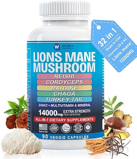 WINWINSUPPLEMENTS - Lions Mane Mushroom 11200mg (16:1 extrato) Cordyceps Reishi 1000mg Maitake Mushroom Turkey Tail Chaga 15 Vitaminas Minerais-32em1 Suplemento de Cogumelo 90 capsulas Feito nos EUA