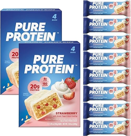 Lulurose - Barras de Proteína Pura, Iogurte Grego de Morango, 20g de Proteína, Lanches Nutritivos para Energia 8 Unidades | Lanches Nutritivos para Energia, Baixo teor de Açúcar, Sem Glúten