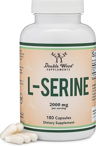 Double Wood Supplements - Cápsulas de L-Serina (Testadas por Terceiros) – 2.000mg por Porção Usadas em Estudo Clínico, 180 Unidades, 500mg por Cápsula (Aminoácido L-Serina para Produção de Serotonina e Suporte Cerebral)