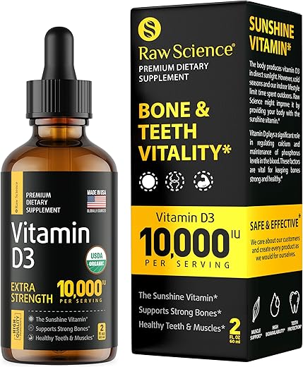 S RAW SCIENCE - Gotas de Vitamina D Líquida – Vitamina D3 10000 UI para Absorção Rápida – Auxilia na Saúde Óssea Forte