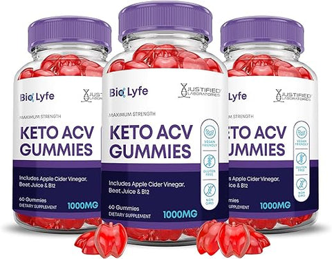 Justified Laboratories - (3 Pacotes) Gomas Bio Lyfe Keto ACV Fórmula Avançada 1000MG Biolyfe Keto Gomas Vinagre de Maçã Formulado com Suco de Romã em Pó B12 Vegano Não GMO 180 Gomas