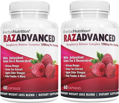 Herbal Nutrition - RAZADVANCED Complexo de Perda de Peso com Cetonas de Framboesa, 2 Frascos, 120 Cápsulas, 1200mg por Porção, Manga Africana, Vinagre de Maçã, Chá Verde, Resveratrol, Fruta Açaí, Alga Marinha