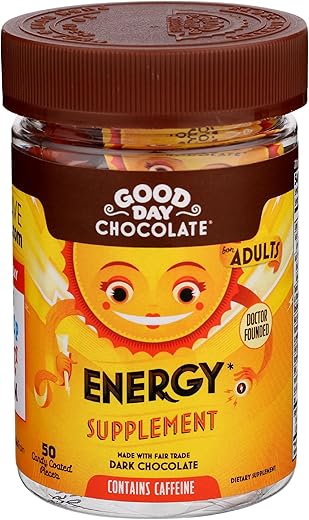 Energético para Adultos [50 Unidades] Chocolate de Cacau com Cafeína de Comércio Justo, Vitaminas do Complexo B, Extrato de Chá Verde e 20 mg de Cafeína por Unidade – Estimulante de Energia para - Good Day Chocolate