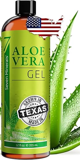 Seven Minerals - Gel de Aloe Vera Orgânico 100% Puro – 12oz (355ml) – Alta Qualidade, Cultivado no Texas, Vegano, Sem Fragrância – Para Rosto, Pele, Cabelo, Alívio de Queimaduras Solares