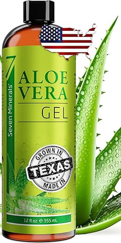 Seven Minerals - Gel de Aloe Vera Orgânico 100% Puro – 12oz (355ml) – Alta Qualidade, Cultivado no Texas, Vegano, Sem Fragrância – Para Rosto, Pele, Cabelo, Alívio de Queimaduras Solares