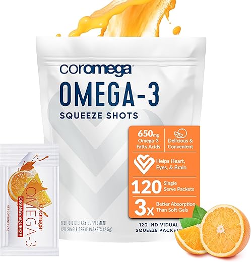 Ômega 3 Óleo de Peixe, 650mg de Ômega-3 com Absorção 3X Melhor que Cápsulas, Sabor Laranja, 120 Sachês Individuais - Coromega