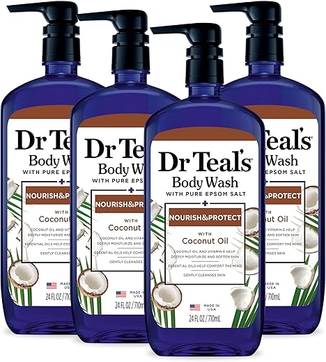 Dr Teal's - Dr Teal’s Body Wash com Sal de Epsom Puro e Óleo de Coco, 710 ml (Pack com 4) – Embalagem pode variar