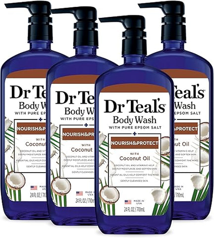 Dr Teal's - Dr Teal’s Body Wash com Sal de Epsom Puro e Óleo de Coco, 710 ml (Pack com 4) – Embalagem pode variar