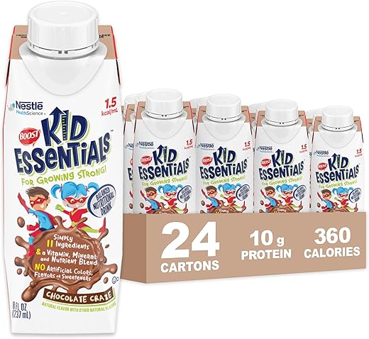 KID ESSENTIALS Chocolate Craze – Bebida Nutricional 1.5 kcal/mL, 10g Proteína, Vitamina C, D, B12 e Zinco – Embalagem com 24 unidades de 8 Fl Oz (237 mL) - BOOST