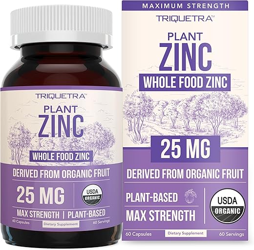 Triquetra Health - Zinco Orgânico 25 mg | Suplemento de Zinco de Alimentos Integrais | Extraído de Frutas Orgânicas, Zinco Verdadeiramente Elemental – Extraído em Água, Vegano, Livre de GMO – Mineral Essencial, Antioxidante, Imunidade