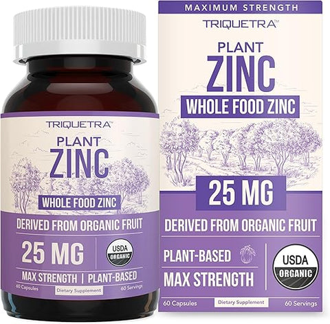 Triquetra Health - Zinco Orgânico 25 mg | Suplemento de Zinco de Alimentos Integrais | Extraído de Frutas Orgânicas, Zinco Verdadeiramente Elemental – Extraído em Água, Vegano, Livre de GMO – Mineral Essencial, Antioxidante, Imunidade