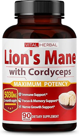 ASTART - VITAL HERBAL Cápsulas de Cogumelo do Leão com Cordyceps Equivalente a 5030mg – Máxima Potência Suplemento Cerebral L-Theanine Ashwagandha para Foco Memória Energia Humor Suporte 90