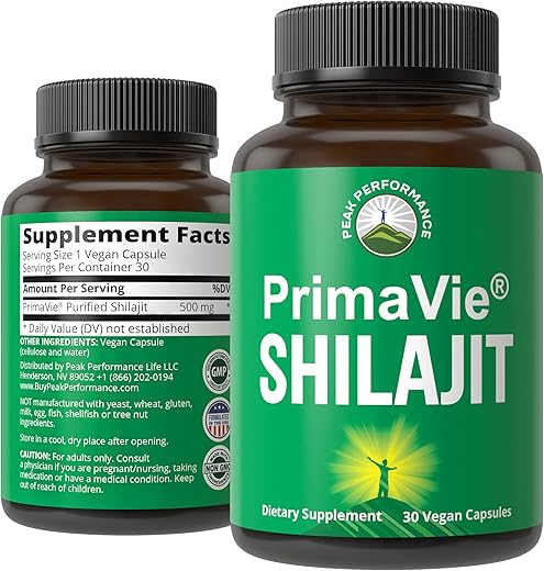 Peak Performance - PrimaVie® Cápsulas de Shilajit Puro. Suplemento Natural Clinicamente Testado com 40 Minerais Traços e Ácido Fúlvico. Suporte para Mitocôndrias