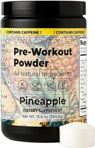 Natural Pré Treino em Pó, Abacaxi, Eletrólitos Pré-Treino Keto com Magnésio, Potássio, L-Citrulina, 150mg de Cafeína, Mistura para Bebida sem Açúcar para Energia - Santa Cruz Paleo