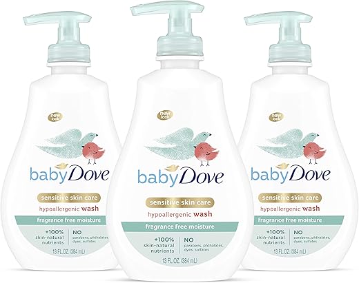Sabonete Líquido para Bebê Pele Sensível 3 Unidades 400ml – Hipoalergênico e Livre de Fragrâncias - Baby Dove
