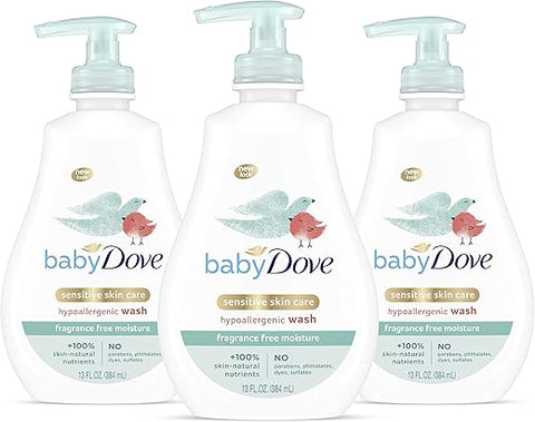 Sabonete Líquido para Bebê Pele Sensível 3 Unidades 400ml – Hipoalergênico e Livre de Fragrâncias - Baby Dove