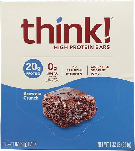 thinkThin - Think! Barras de Proteína – Snacks de Alta Proteína, Sem Glúten, Sem Açúcar, Barra Energética com Proteína Isolada do Soro do Leite, Sabor Brownie Crocante, Barras Nutricionais Sem Adoçantes Artificiais, 2.1 Oz (10 g)