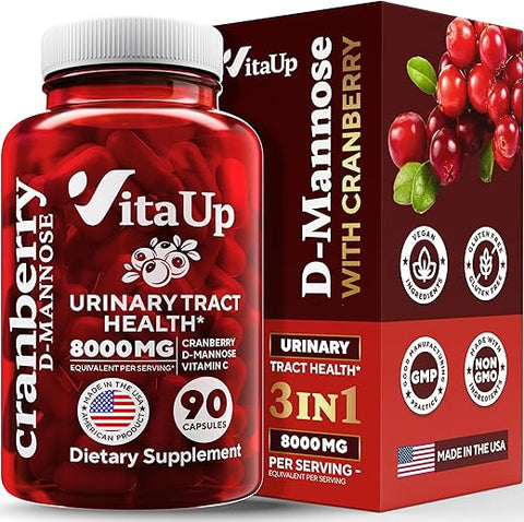VitaUp - D-mannose 1000mg Cápsulas com Cranberry e Vitamina C – Fabricado nos EUA – Cápsulas de D-mannose com Cranberry para Mulheres – Suplemento de Cranberry para Trato Urinário