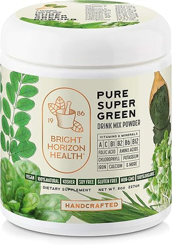 BHH BRIGHT HORIZON HEALTH IGNITE YOUR LIFE - Bright Horizon Health – Pó de Suco Verde Puro com 7 Super Verdes para Energia, Enzimas Digestivas, Equilíbrio do pH, Desintoxicação – Natural, 227g
