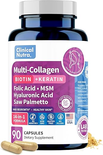 Clinical Nutra - Colágeno Peptídeos l Biotina l Queratina l Ácido Hialurônico l Saw Palmetto – Vitaminas para o Crescimento Capilar para Mulheres e Homens – Bloqueador de DHT – 90 Cápsulas – Fabricado nos EUA