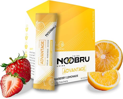 Advantage Nootrópico – Suplemento Cerebral com 11 Ingredientes Ativos – Potencializador Cognitivo Natural – 20 Sachês de Limonada de Morango – Fornecimento de 1 Mês, 20g - Noobru