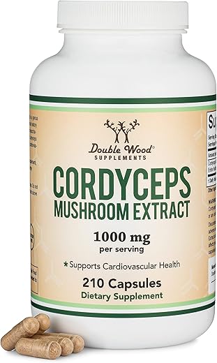 Double Wood Supplements - Cordyceps Capsules 210 Unidades (Extrato de Cogumelo Cordyceps Sinensis) – Suporte Geral e Anti-Envelhecimento com 1.000MG (7% Polissacarídeos com Alfa e Beta Glucanos) – Fornecimento de 3,5 Meses – Marca em Destaque