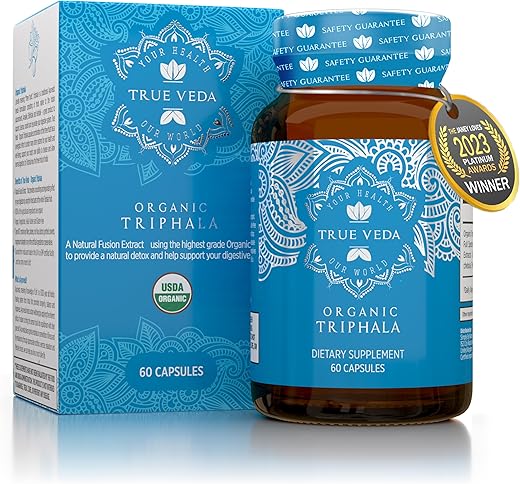 True Veda - Triphala Capsules Orgânicas Certificadas pelo USDA | Comprimidos Veganos de Triphala | Suplemento Herbal Natural de Triphala Guggulu | Potência de Extrato de Fusão Natural | Ayurveda | 60 Cápsulas