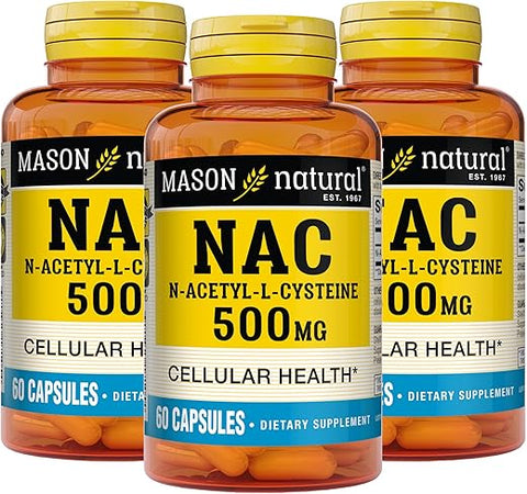 NAC N-Acetyl L-Cysteine 500 mg – Saúde Celular, Reforço do Sistema Imunológico, Bem-Estar Geral, 60 Cápsulas (Pacote com 3) - MASON NATURAL