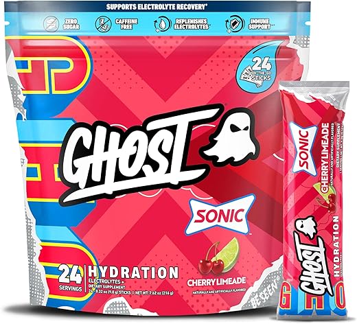 Pacotes de Hidratação, Sabor Limonada de Cereja, 24 Sticks, Pó Eletrolítico – Suplemento em Pó para Bebida com Magnésio, Potássio, Cálcio, Vitamina C – Vegano, Livre de Soja - GHOST