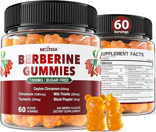 Nextdia - Berberine 1500mg – Gomas de Canela de Ceilão sem Açúcar com Berberina, Cromo, Cúrcuma e Cardo de Leite para Equilíbrio Natural do Metabolismo – HCl de Berberina da Índia