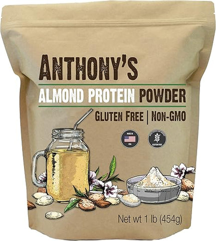 Anthony's - Proteína em Pó de Amêndoa Anthony’s, 454g, Sem Glúten, Não Transgênico, à Base de Plantas, Fabricado nos EUA
