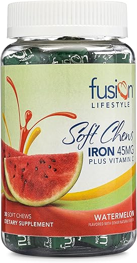 Fusion Lifestyle - Suplemento de Ferro sabor Melancia em Goma Mastigável com Vitamina C para Deficiência de Ferro e Anemia, 1 Mês de Fornecimento, 30 Unidades