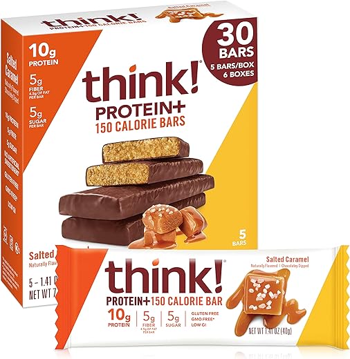 THINK - Think! Barras de Proteína com Raiz de Chicória para Fibra, Suporte Digestivo, Sem Glúten com Proteína Isolada do Soro do Leite, Caramelo Salgado, Barras de Lanche sem Adoçantes Artificiais, 40g