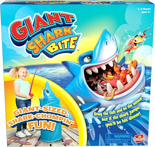 Jogo Gigante Tubarão Mordida da Pressman Goliath – Pesque Peixes do Tubarão Antes que Ele Salte – Salta Quase 3 Pés – Idade 4 e Acima, 2-4 Jogadores, Luz Azul, Pequeno