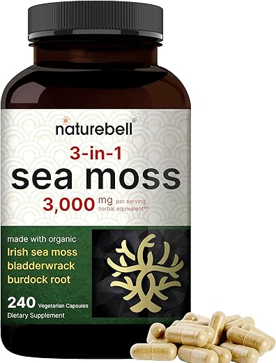 NatureBell - Cápsulas de Musgo do Mar Irlandês, 3.000mg por Porção, 240 Comprimidos Vegetais | Feito com Pó Orgânico Cru, Além de Alga Marinha