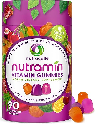 Nutracelle - NUTRAMIN Gomas Multivitamínicas Veganas Diárias Keto com Vitamina C, D2 e Zinco para Imunidade, à Base de Plantas, Sem Açúcar, Sem Nozes, Sem Glúten, com Biotina, Vitaminas A, B, B6, B12