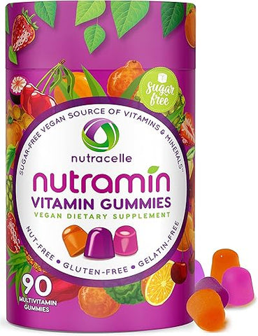Nutracelle - NUTRAMIN Gomas Multivitamínicas Veganas Diárias Keto com Vitamina C, D2 e Zinco para Imunidade, à Base de Plantas, Sem Açúcar, Sem Nozes, Sem Glúten, com Biotina, Vitaminas A, B, B6, B12