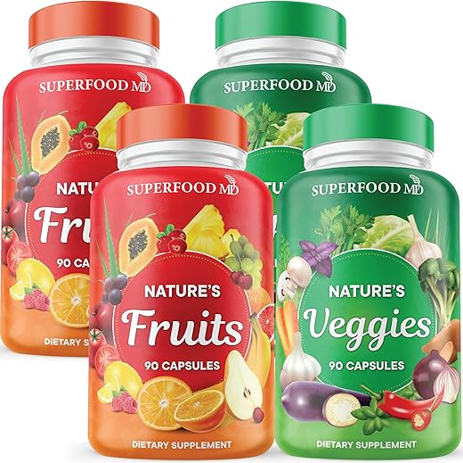 Superfood MD - Superfood 180 Cápsulas de Frutas e 180 Cápsulas de Vegetais – 100% Natural e Completo – Mantém os Níveis de Energia, Rico em Licopeno – Cultivado e Produzido nos EUA (90 Unidades – Pacote com 4)