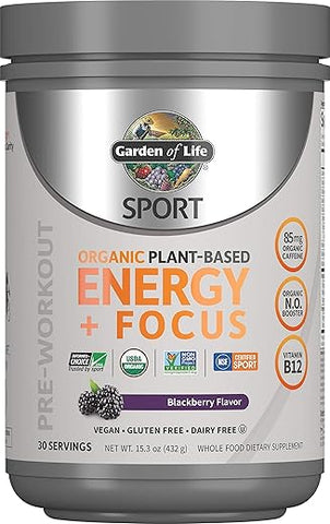 Sport Energia Limpa em Pó Pré-Treino à Base de Plantas Orgânicas, com 85mg de Cafeína, Estimulante Natural, B12, Vegano, Sem Glúten, Não-OGM, Amora, 430g - Garden of Life