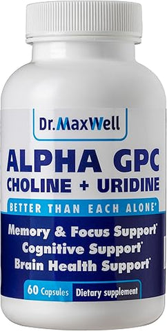 Dr. Maxwell - Alpha GPC 600mg Uridine: Potencializador de Colina 2 em 1, Livre de Soja, Sem Preenchedores, EUA, 60 Cápsulas, Precursor de Acetilcolina