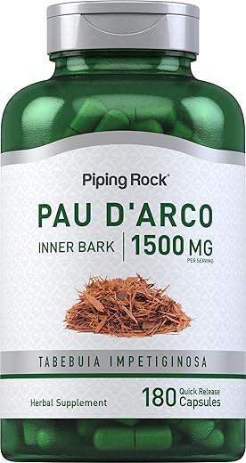 Cápsulas de PAU d’Arco | 1500mg | 180 Unidades | Casca Interna | Extrato Herbal | Não-OGM, Sem Glúten - Piping Rock