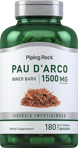 Cápsulas de PAU d’Arco | 1500mg | 180 Unidades | Casca Interna | Extrato Herbal | Não-OGM, Sem Glúten - Piping Rock