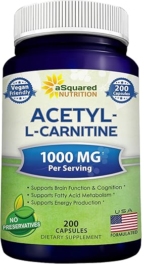 Acetyl L-Carnitine 1000mg Max Strength – 200 Cápsulas Vegetais – Alta Dosagem de Acetil L Carnitina HCL (ALCAR) para Suporte à Energia Pura, Cérebro - aSquared Nutrition
